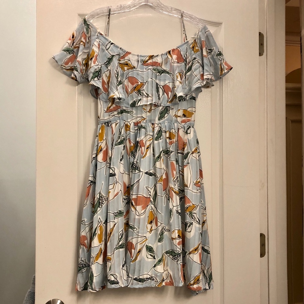 Off shoulder flare skirt floral print mini dress